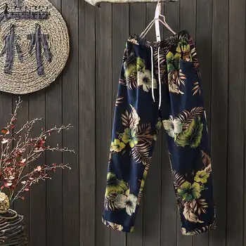 

Women Wide Leg Pants Long Trousers ZANZEA 2020 Vintage Printed Pants Elastic Waist Pantalon Pockets Streetwears Sweatpants 5XL