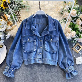 

Gagaok Women Streetwear Fashion Jacket 2020 Spring Autumn New Solid Lapel Puff Sleeve Lace Up Pockets Casual Wild Korean Coat