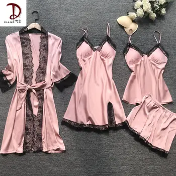 

Women's Silk Pajamas Summer Sexy Pajamas Four-Piece Korean Style Slip Nightdress Women's Homewear with Chest Pad Robe Thin