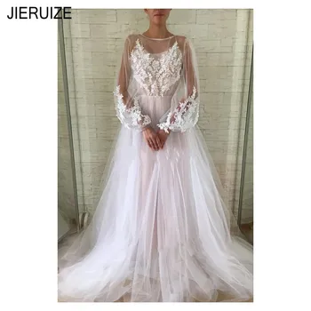 

JIERUIZE Summer Tulle Wedding Dresses O Neck Long Sleeves Lace Appliques Illusion Back Boho Bridal Dresses Vestidos de novia