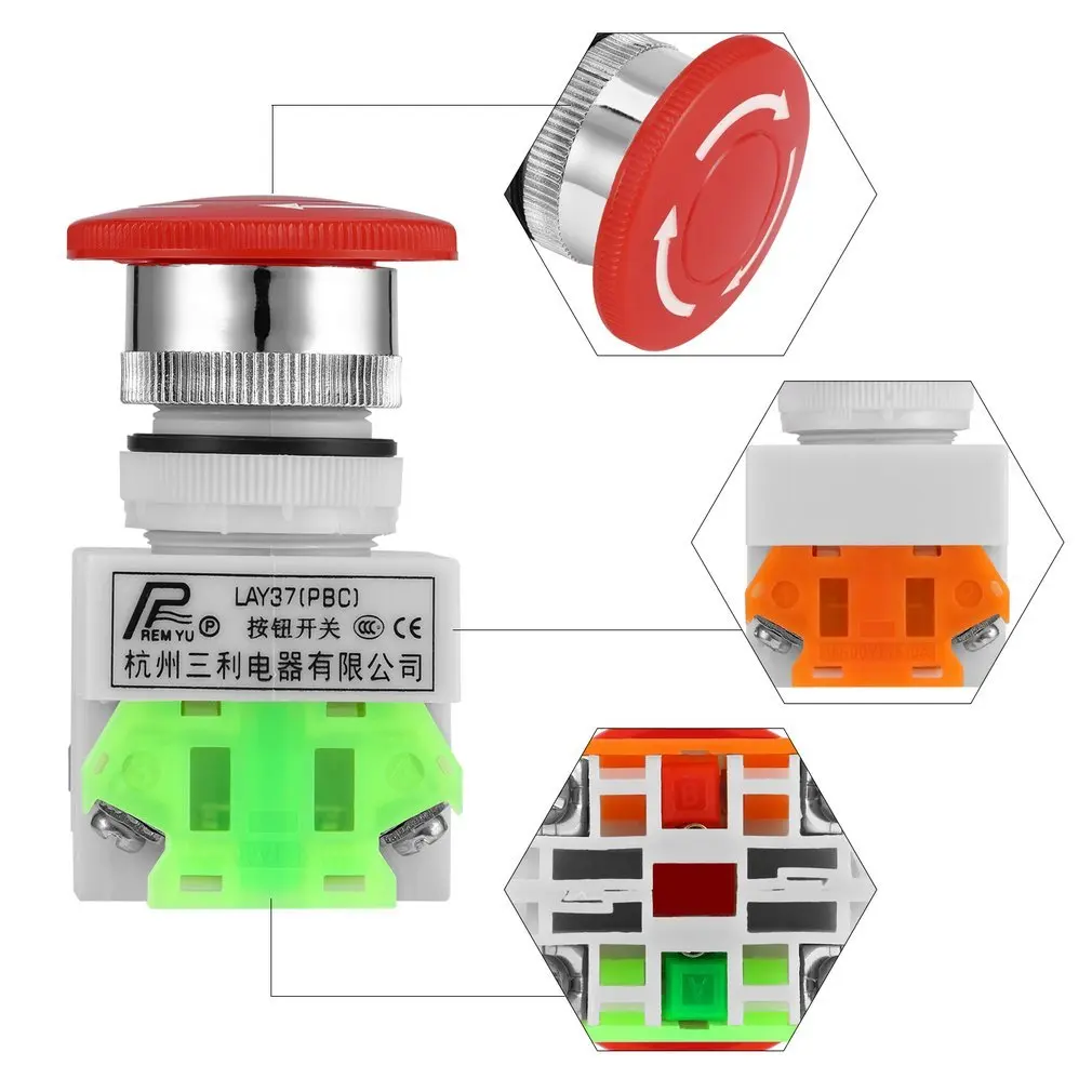 

1 NC N/C DPST Emergency Stop Switches Push Button Switch Mushroom 4 Screw Terminals 600V/10A