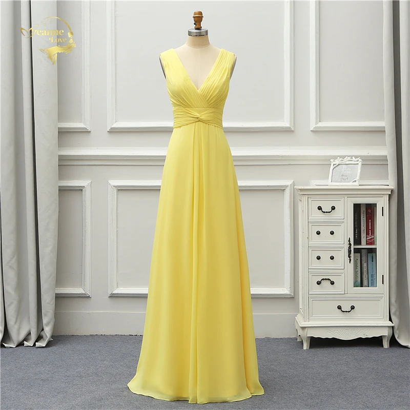 

Jeanne Love Evening Dress 2020 New Arrival V Neck Sexy Yellow Party Robe De Soiree Vestido De Festa OL5229