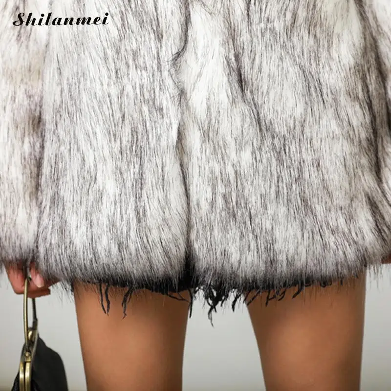 White Furry Faux Fur Coat Women Fashion Fur Collar Plus Size Fur Coat Elegant Flurry Party Club Outwear Thicken Winter Fur Coat
