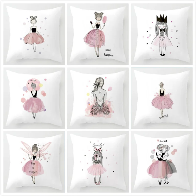 Pink Dress Girl Hand Printed Cushion Cover for Sofa Home Decorative Pillow Cover 45x45cm Super Soft Pillowcase