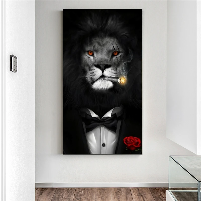

Black Wild Lion In A Suit Canvas Art Posters and Prints Gentry Lion Smoking Wall Art Pictures for Living Room Decor No Frame