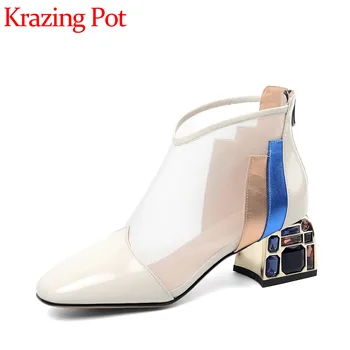 

Krazing pot natural leather air mesh square toe high heels zipper mixed colors gentlewomen summer breathable ankle boots L1f3
