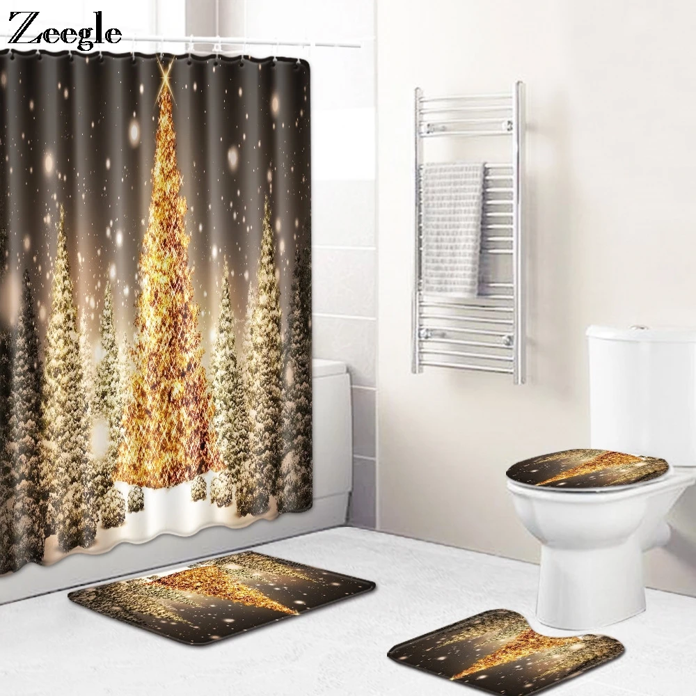 Zeegle Christmas Bath Mat Set Waterproof Curtain Anti Slip Toilet Pedestal Rug Soft Foot Mat Toilet Seat Cover Mat Toilet Set