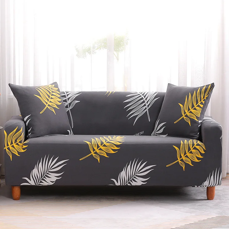 

Printed Sofa Cover Dark Gray Leaves Printed All Edges Included Sectional Elastic Stretch Sofa Cover for Living Room Couch Cover