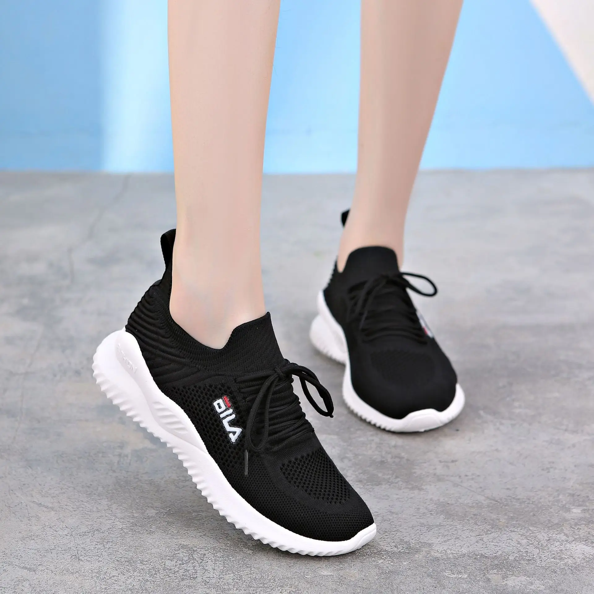 

2020 Flying Probe Meshes Casual Sports Versatile Solid Color Light WOMEN'S Shoes Lace-up Loafers Qing Xinfei Woven WOMEN'S Shoes