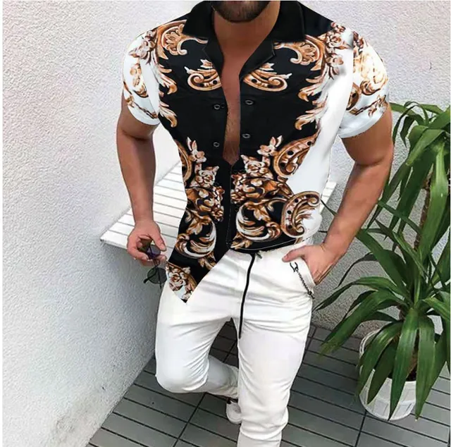 Fashion Nation Style Summer Man's Shirt 3D Printing Stand Collar Single-Breasted Short Sleeve Loose Hawaiian Henley Casual Shirt Short Black