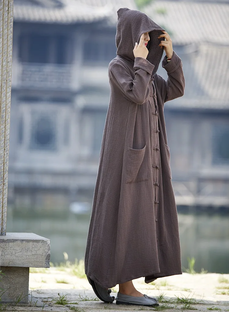 Black Red Long sleeve Hooded Women Long Coat Novelty design Chinese style Trench Coats Plus size Autumn Robe Coat