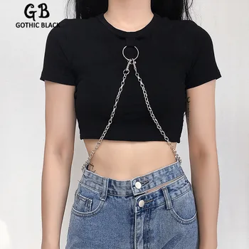 

Gothic Black Sexy Women O-Neck Short Sleeve Splice Chain Slim Crop Tops Summer Goth Female Streetwear Dark Skinny Short T-shirt