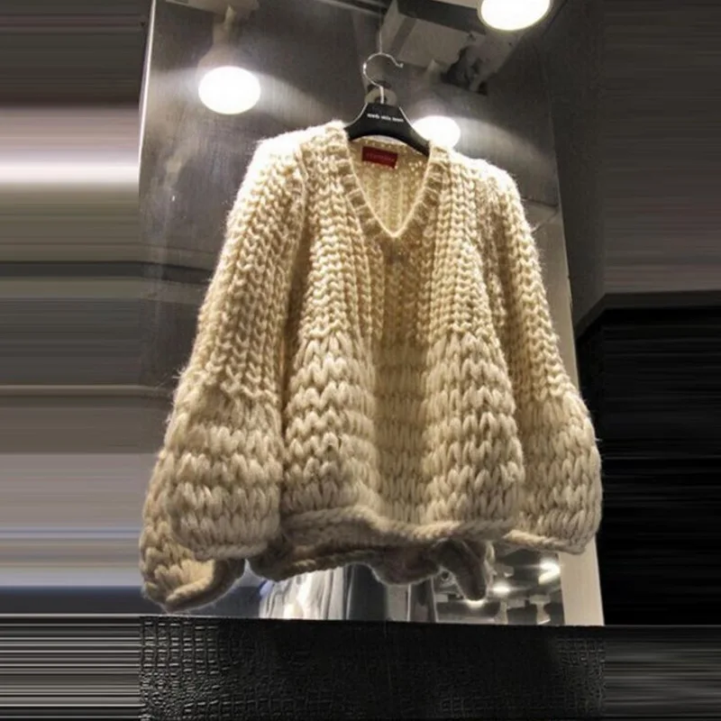 

Autumn New Style Sweater V-neck Hollow Lantern Sleeve Pullover Knitted Sweater V-Neck Pullovers Sweater Women 2019