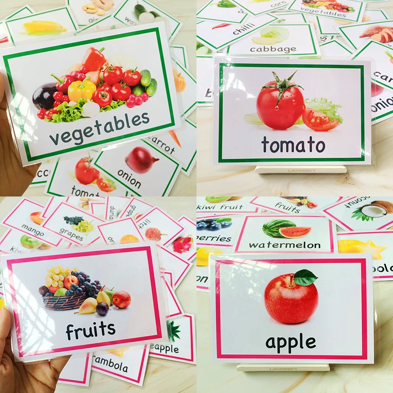 

48 Pcs English Fruit/Vegetable Kids Montessori English Word Pocket FlashCards Game Learning Educational Toys For Children Games