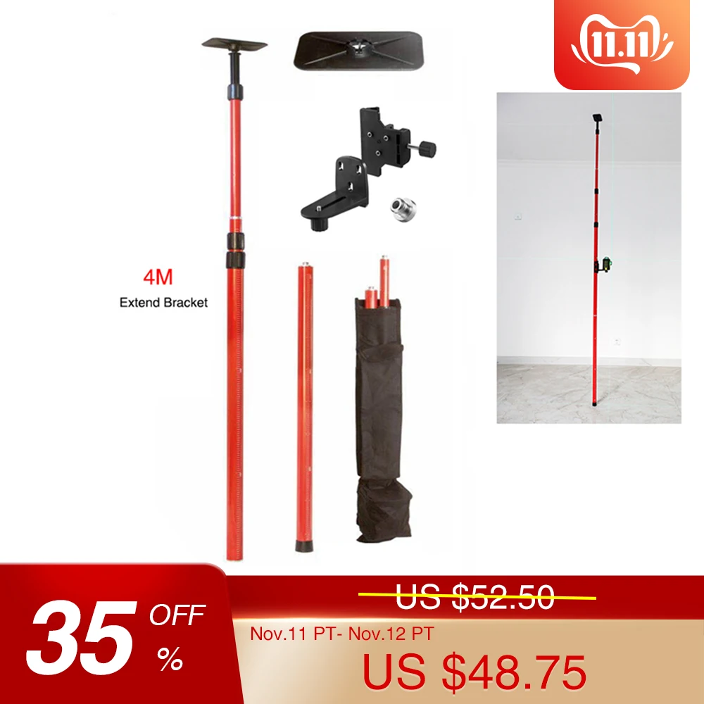

4M Red Extend Telescoping Pole 1/4"and 5/8" Interface Mount Ceiling Leveling Rod For Laser level