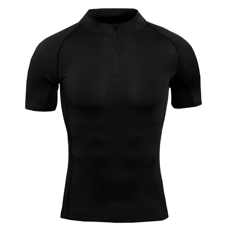 Zipper Neck Gym Sport Shirt Men Quick Dry Fitness Compression T-Shirts Slim Jogging Tees Tops Running Shirt Muscle Tee Rashgard