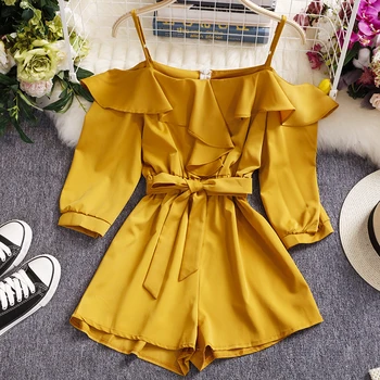 

Casual Bodysuit Women Short Jumpsuit Sexy Spaghetti Strap Cold Shoulder 3/4 Sleeve Ruffles Sash Bowtie Wide Leg Short Playysuits