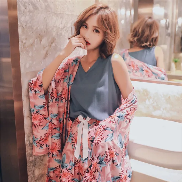 US $17.05 JULY'S SONG 4 Piece Spring Summer Women Pajamas Sets Floral Printed Pajamas Set Top and Shorts Fema