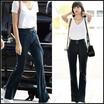 

kpop Korean Celebrity same slim Summer new women V-neck short-sleeved white T shirt and black pencil casual pants two piece set