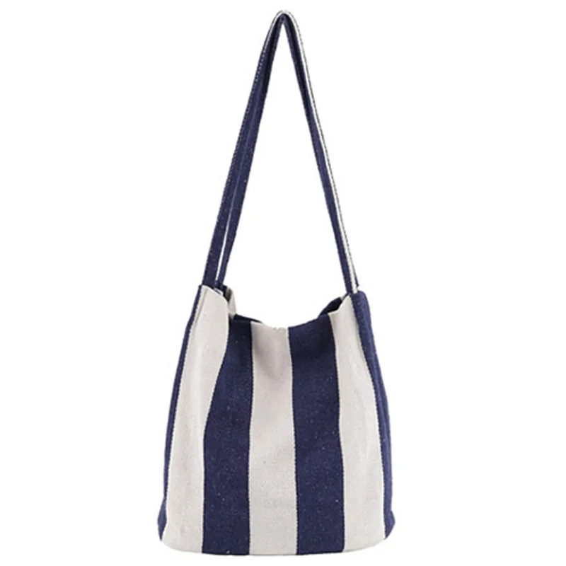 

Simple Literary Bucket Bag Wild Striped Canvas Shoulder Bag Casual Large-Capacity Shopping Messenger Bag