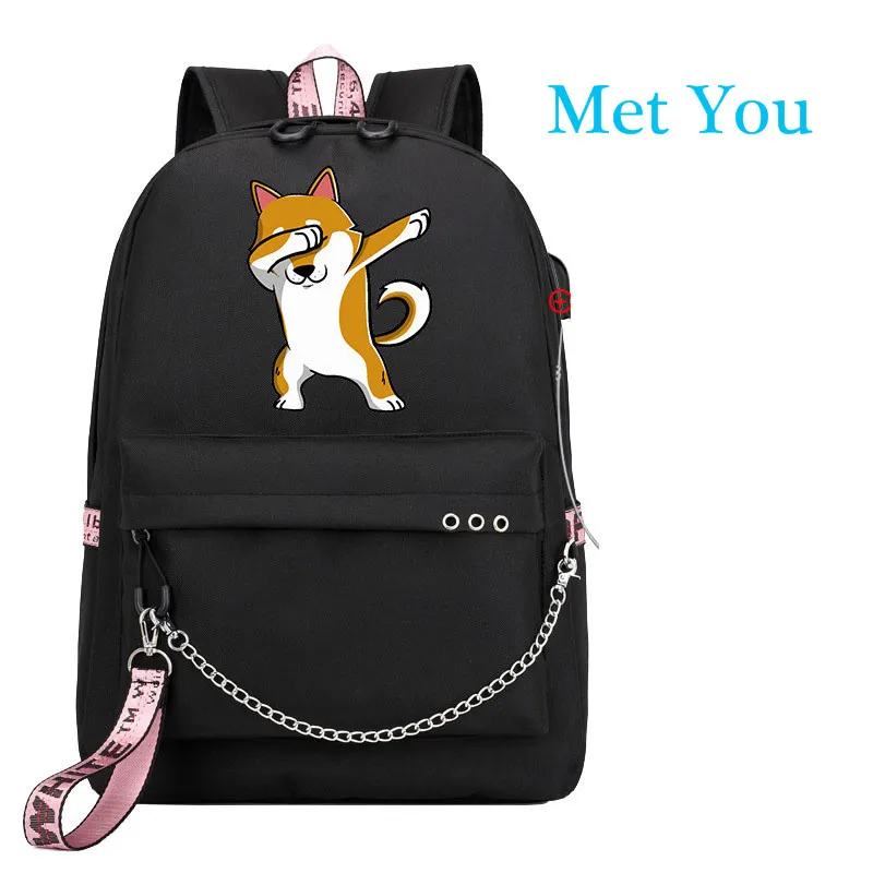 Милый shiba Inu Doge собака корги USB рюкзак школьный книги студенческие сумки вентиляторы дорожные сумки для ноутбука рюкзак с цепочкой наушники с USB Порты и разъёмы