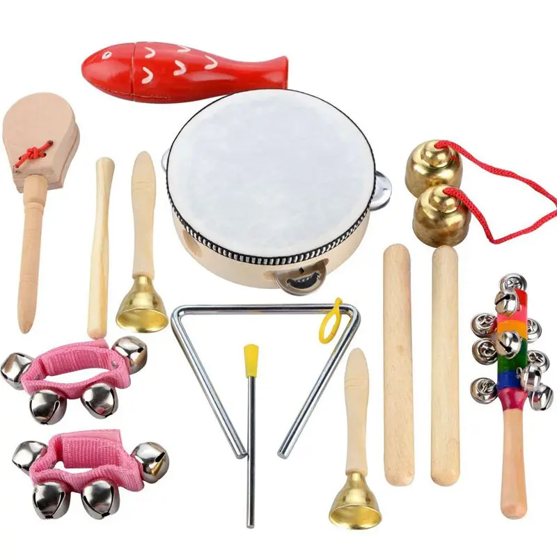 

14 PCS Wooden Musical Instruments Set Percussion Toy Rhythm Band Set, Healthy Baby Toy Gift, with A Bag