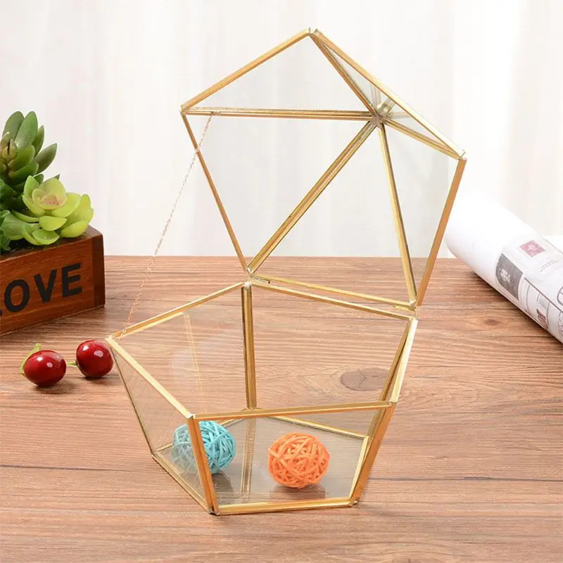 Vintage Home Decoration Crafts Jewelry Box Brass Glass Terrarium Container Planter for Succulent Fern Moss Air Plants Holder