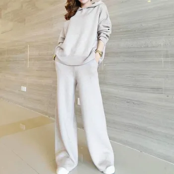 

Wide leg Pants Cashmere Sweater Suit Female 2019 Winter Loose Hooded Knitted Pullover Tops and Casual Tracksuit Women Knit
