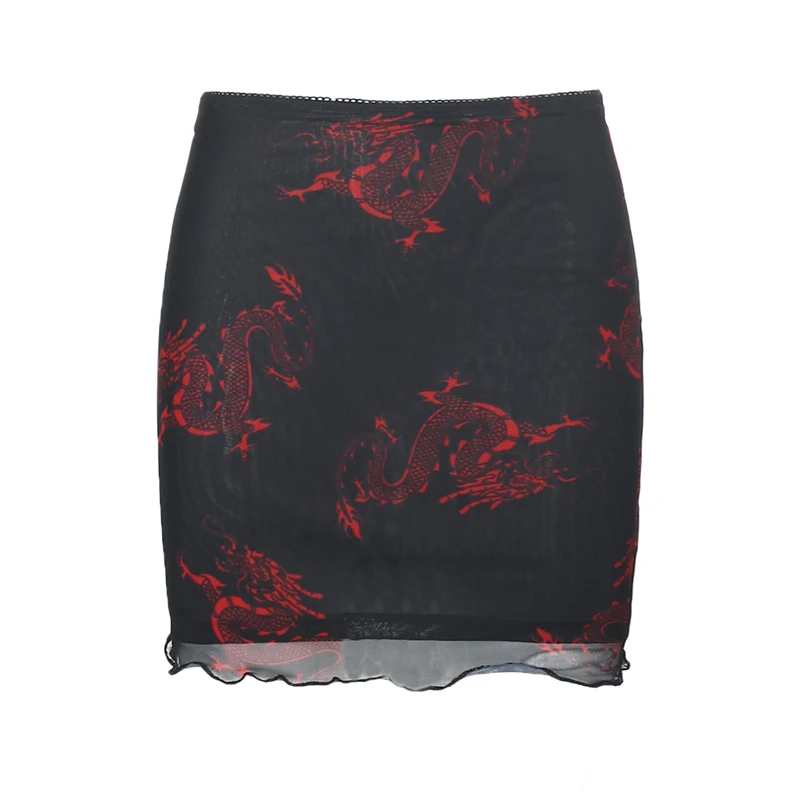Darlingaga Chinese Style Dragon Print Summer Two Piece Set Women Mesh Sexy Matching Sets Strap Crop Top and Mini Skirt Suit 2020