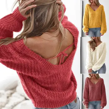 

Sexy Ladies Sweaters Solid Color Backless Sweater Women Long Sleeve V-Neck Knitted Sweater Pullover women Loose кардиган