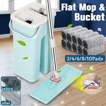 

2/4/6 Hand Free Wringing Floor Flat Squeeze Mop and Bucket Magic Cleaning Mops Dry Wet Use Spin Microfiber Cloth Home Kitchen