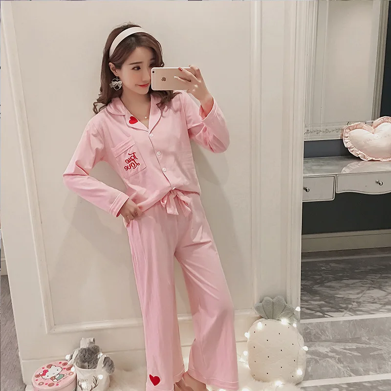 

Pajamas WOMEN'S Shirt Small Fold-down Collar Spring And Autumn Casual Sports Loose Version of Embroidery Solid Color Korean-styl