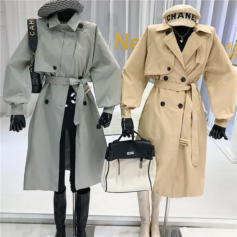 

Khaki Windbreaker Women's Mid-Length 2020 Autumn Korean Coat Turn-down Collar Adjustable Waist England Style Double Breasted