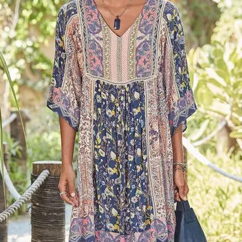 

Beach Pareo Women Swimwear Saida De Praia Dress Tunics Skirt Spot 2020 Column Printed Neck Short Dresses Print Acetate