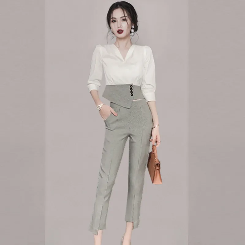 

High-end Temperament Office Women Professional Suit 2023 Summer New Chic Houndstooth Patchwork Blouse & Pencil Pants 2-Piece Set