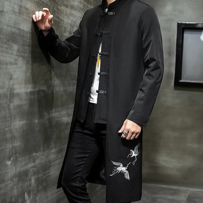 Chinese Style Long Windbreaker Jacket Men Streetwear Oriental Clothes Men Hip Hop Chinese Mandarin Jacket Coat KK3150