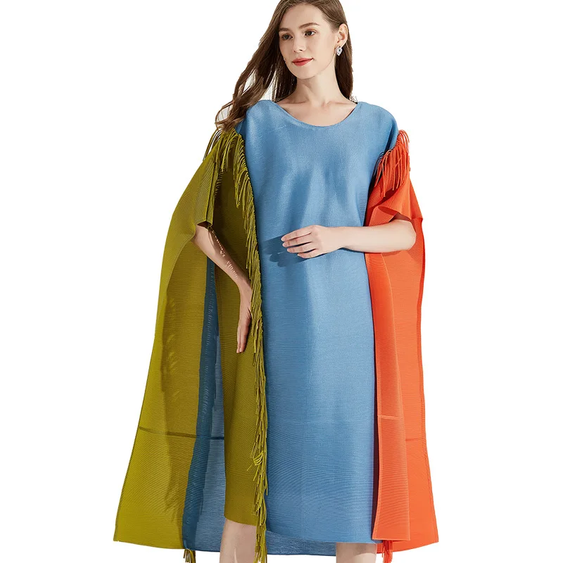 Miyake складки осень-зима новое контрастное цветное платье с кисточками