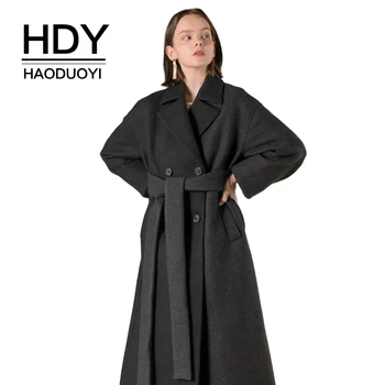 

HDY haoduoyi Loose Temperament Color Stitching Lapel Double-breasted Wide Belt With Long Coat