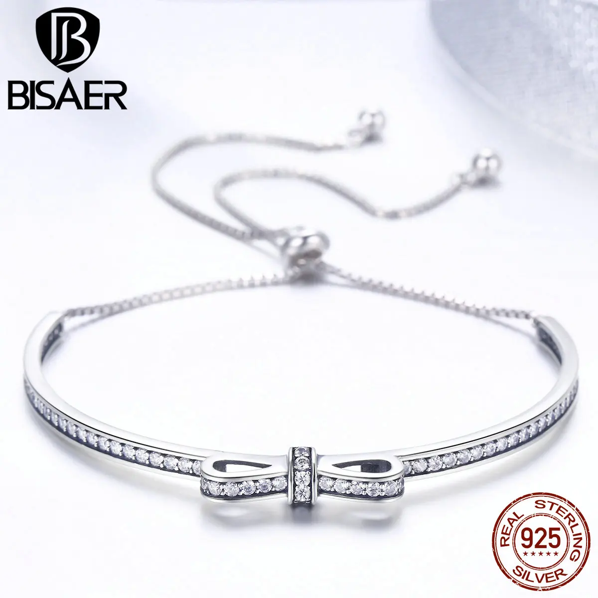 

BISAER Bracelet & Bangle Authentic 925 Sterling Silver Sparkling Dazzling Bowknot Half Bangle Women Dating Bracelet GXB108
