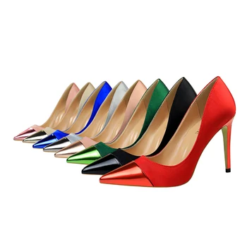 

Super Sexy Nude High Heels Colorblock Yellow Shoes Steel Pointed Toe Womens Dress Shoes Fashion Ladies Shoes For Party Catwalk 2