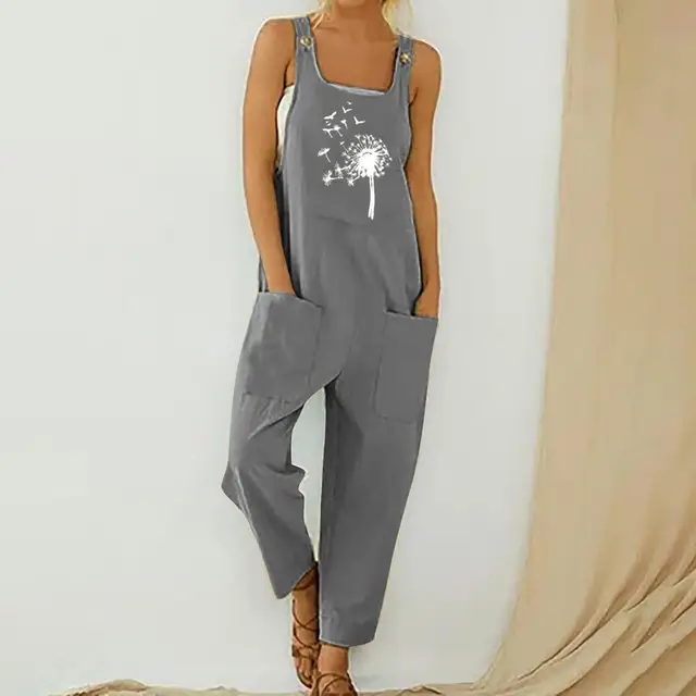 Womens Dungarees Print Rompers 2021 Summer New Ladies Casual Loose Linen Cotton Jumpsuit Sleeveless Pocket Overalls Playsuit 3A1890-Gray
