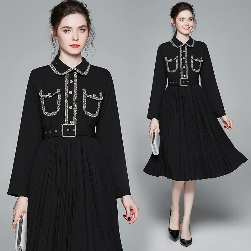 

Large Austrian-Dress Women's Long-Sleeve 2020 Spring Clothing New Style Young Elegant Waist Hugging Fold-down Collar Mid-length