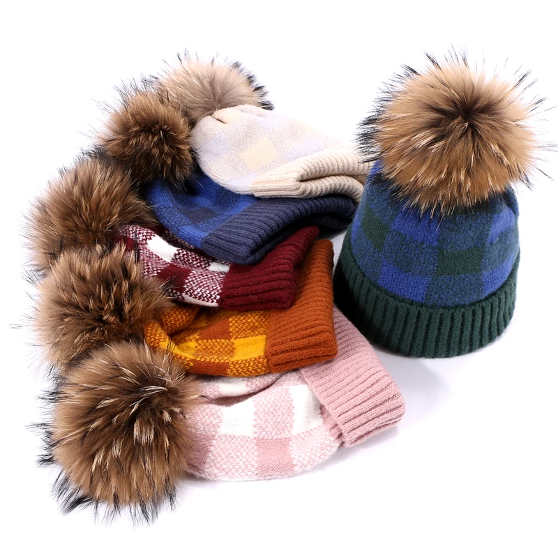 Зимняя шапка с помпоном Skullies Beanie, Классическая клетчатая шапка для мужчин и женщин, теплая вязаная Толстая шапка с меховым помпоном