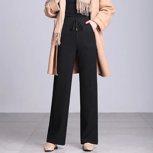 MinuoYi осень зима женские вязанные широкие брюки Теплые повседневные шерстяные брюки свободные Драповые плотные прямые женские брюки - Цвет: black