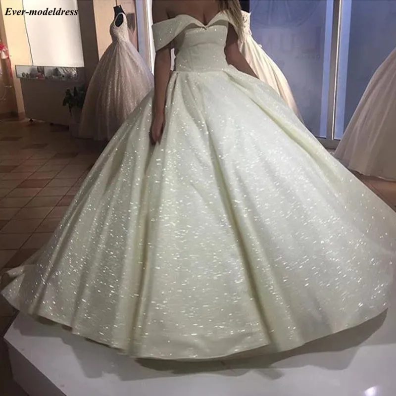 

Sparkly Ball Gown Princess Wedding Dresses Off The Shoulder Lace-Up Back Arabic Shiny Bridal Gowns Sweep Train Plus Size Vestido