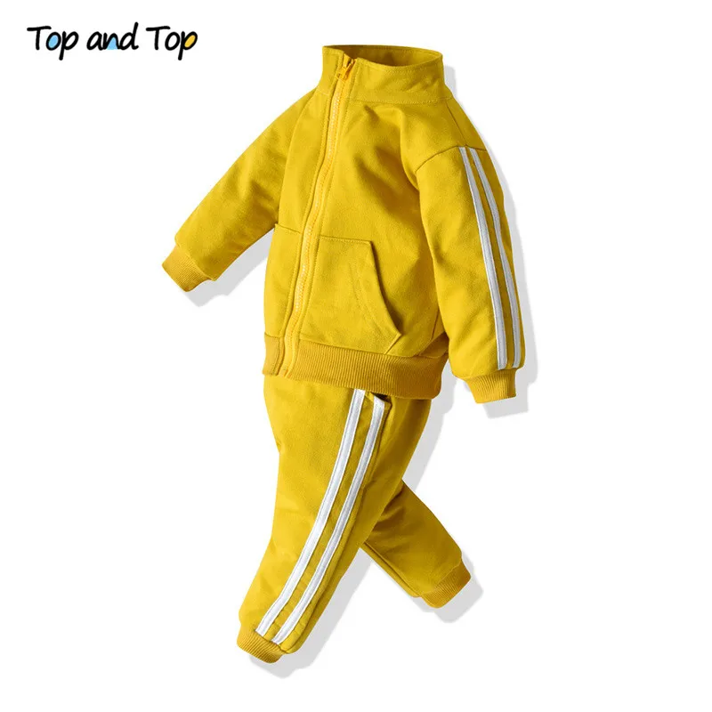 Top and Top Spring Autumn Boys Girls Clothing Set Long Sleeve Zipper Sweatshirt Coat+Trousers Striped Sport Suit 2Pcs Tracksuit - Цвет: Золотой