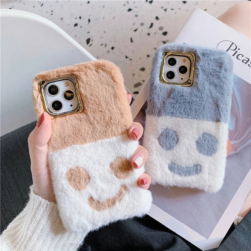 Cute 3D Embroidered Smiley Face Phone Case For iPhone 11 Pro XS XR Max Fuzzy Plush Cover 7 8 6s Plus coque capa | Мобильные телефоны