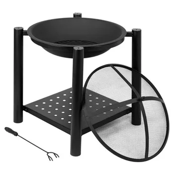 

22" Four Feet Iron Brazier Wood Burning Fire Pit Delicate shape Decoration for Backyard Poolside with a Shelf Black