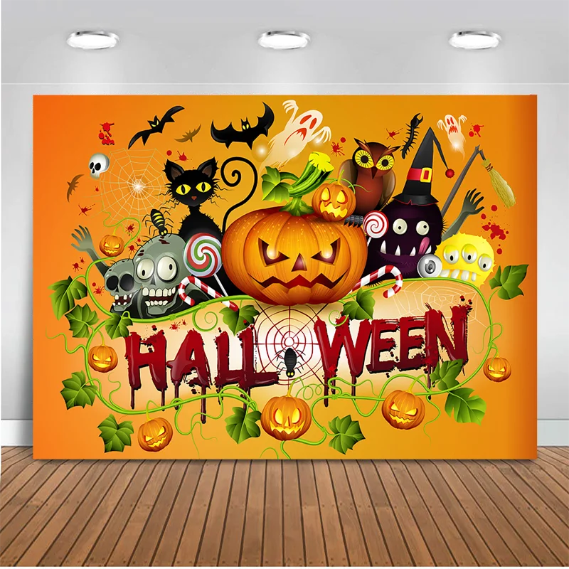 

Halloween Party Photo Background Cartoon Pumpkin Ghost Bat Owl Cat Photo Backdrop Studio Computer Painted Background