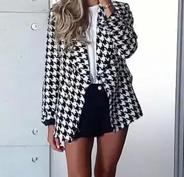 NSZ женский черно-белый клетчатый твидовый Блейзер Femme, клетчатая куртка с длинным рукавом, двубортный, офисная, шикарная верхняя одежда, пальто